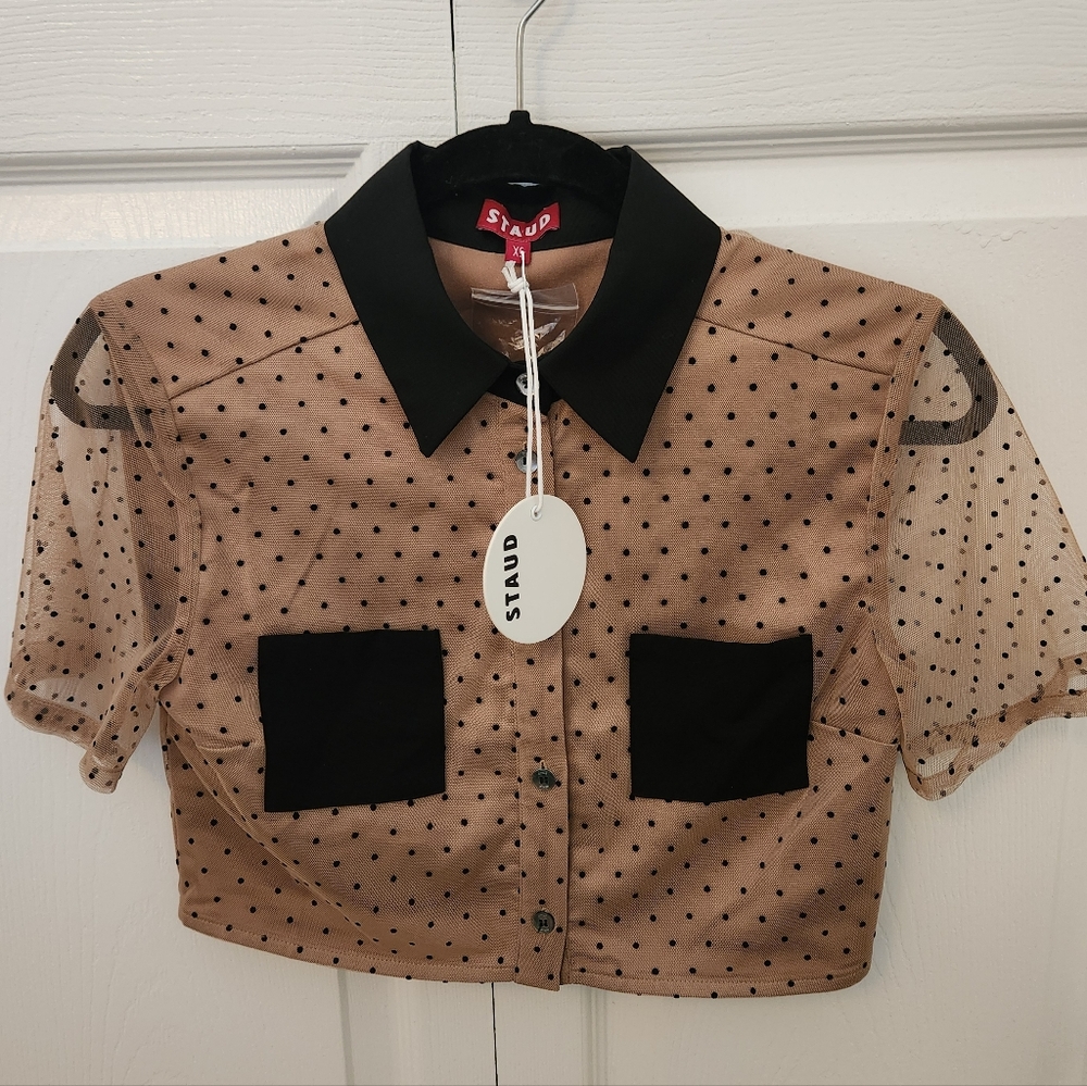 STAUD Sheer Polka Dot Shirt in Tan and Black